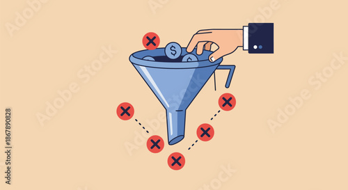 Hand pouring coins into blue funnel.