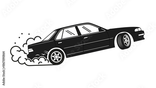 The Art of Controlled Chaos: A High-Contrast Black and White Silhouette Illustration Capturing a High-Performance Sedan Performing a Dynamic Drift with Tire Smoke