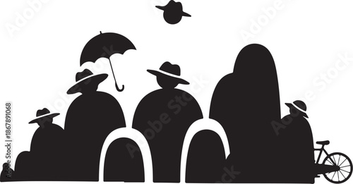 Silhouette of people in the city with umbrella