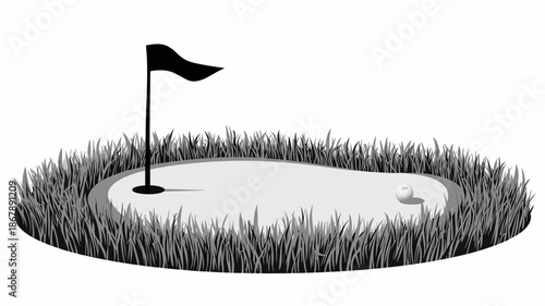 A black and white illustration of a golf putting green with a flag and a golf ball, surrounded by grass.