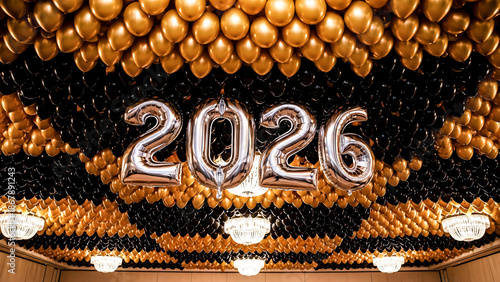 Gold and Black Balloons Filling a Ceiling with Metallic 2026 Letters