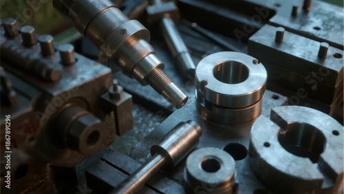 Close-up of metal machining components and tools on a workbench