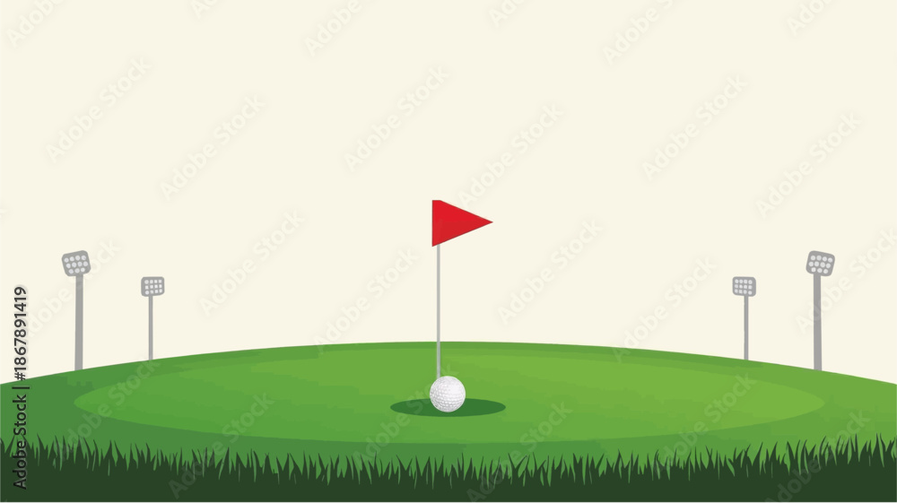 Obraz premium A golf ball sits on a green next to a red flag, surrounded by other markers on a golf course.