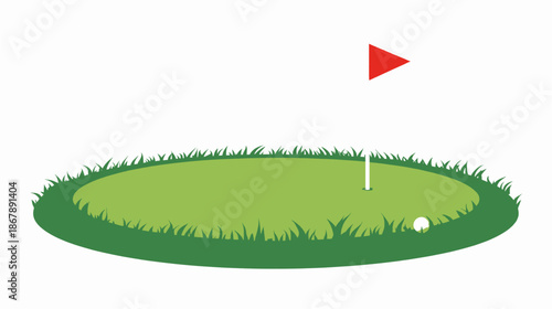 A cartoon illustration of a golf putting green with a red flag, a hole, and a white golf ball on green grass.