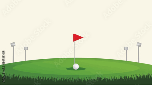 A golf ball sits on a green next to a red flag, surrounded by other markers on a golf course.