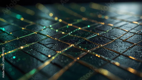 Abstract digital circuit grid glows with golden light lines on dark textured surface. Technology concept