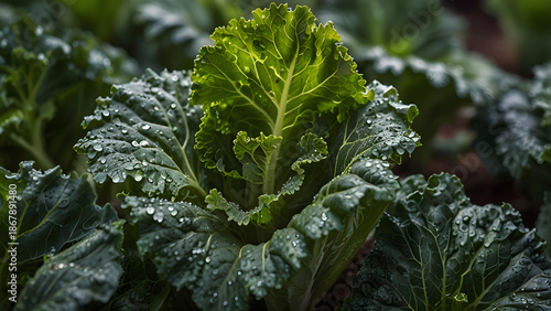 Organic green lettuce plants grow in fertile soil field under natural sunlight. Agriculture concept
