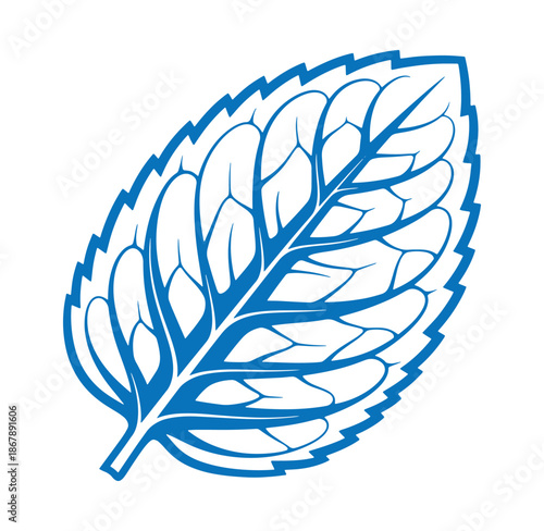 Simple blue outline illustration of a fresh mint leaf isolated on a white background