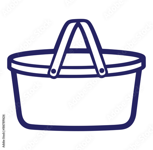Simple blue outline illustration of an empty picnic basket with a swinging handle
