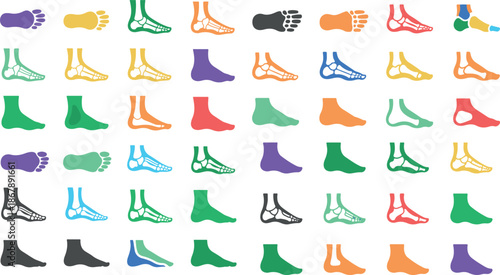 Colorful illustrations of various feet and ankles in different positions and styles