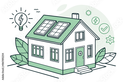 3d illustration of a modern residential house featuring solar panels on the roof with a green plant near the architecture for a real estate property business symbol or mortgage housing model