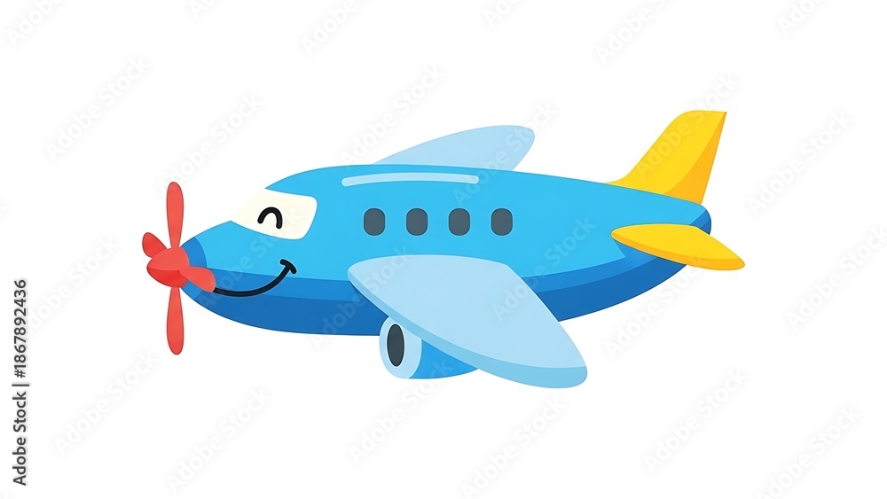 Naklejka premium Smiling cartoon airplane in flight.