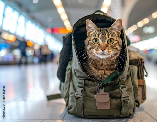 Tabby cat curiously peeks out from a backpack at an airport