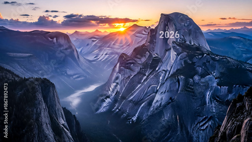 Majestic Mountain Range at Sunrise with 2026 Carved into Peak Face