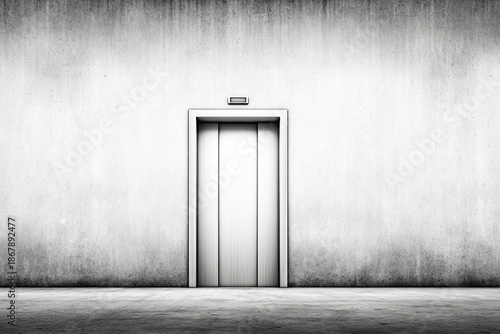 A modern elevator stands against a minimalist concrete wall, creating a stark and industrial atmosphere.