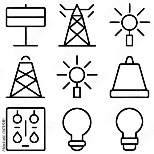 Energy and power production vector icons set: includes electricity pylon, light bulbs, solar panel, and industrial elements for sustainable technology & resource management