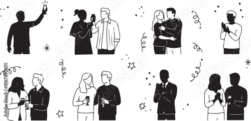 People interacting in various social settings illustration