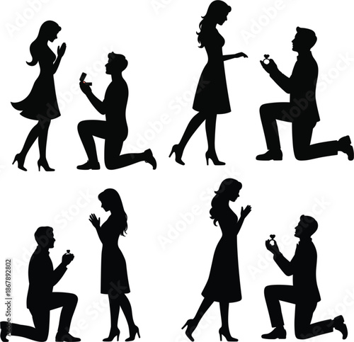 Marriage Proposal Silhouette Vector Set with Men Kneeling and Proposing to Women for Wedding Invitations Engagement Announcements and Romantic Event Graphic Designs