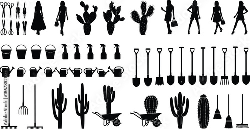 Large collection of garden tools, cactus silhouettes, female fashion models, and landscaping equipment, isolated on white background vector illustration for outdoor gardening and design (24 words)