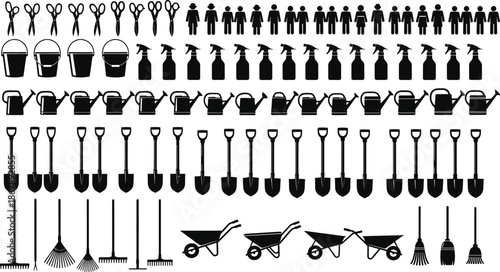 Large collection of gardening equipment silhouettes including shovels watering cans wheelbarrows and tools isolated on white background for landscaping and outdoor design (24 words)