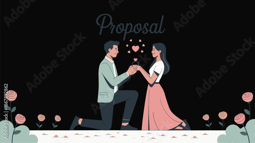 Romantic Marriage Proposal Vector Illustration Featuring a Man Kneeling to Propose to a Woman in a Rose Garden for Engagement Celebrations and Wedding Stationery