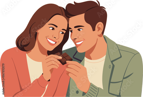Romantic Young Couple Sharing a Chocolate Bar Vector Illustration for Valentine's Day Sweet Treats Relationship Branding and Heartfelt Greeting Card Designs