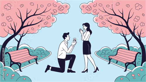 Romantic Marriage Proposal Vector in Park with Blooming Pink Trees Benches and Man Kneeling with Diamond Ring for Wedding Engagement and Love Stationery