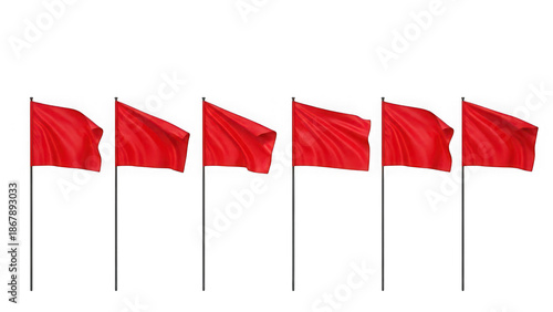Six red flags waving on poles isolated on transparent background