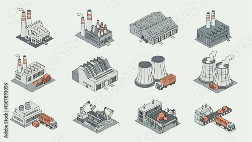 Collection of isometric industrial factory buildings and power plants.