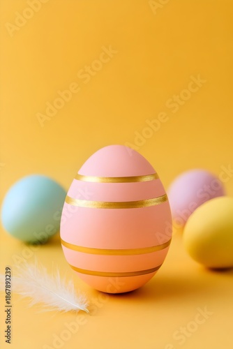 Pastel Easter Eggs on Yellow — Spring Holiday Decoration with Feather Accent
