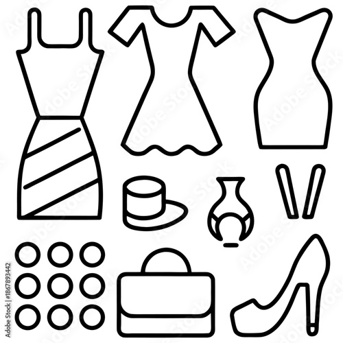 Fashion and accessories line art vector icons set. stylish women's clothing, handbag, hat, shoes, and jewelry in modern outline style for design projects.