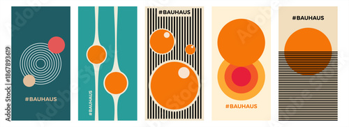 Retro Bauhaus Circle and Line Abstract Poster Set with Minimalist Geometry and Bold Circular Shapes. Modern Mid Century Design Pack