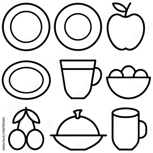 Minimalist kitchen & dining outline icons set vector. simple food, drink utensils, dishes, fruits elements for design projects. clean line art collection.