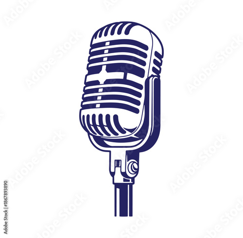 Vintage microphone vector illustration in blue and white perfect for music and audio projects