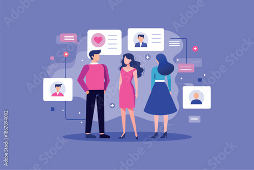 Valentine's day vector illustration of couple and friends dating online