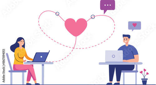 Valentine's day vector illustration of couple working with laptops and heart symbol
