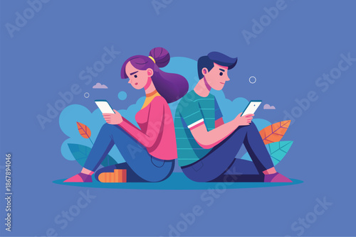 Valentine's Day, vector, couple, phones, disconnection, love, relationship, technology, digital age, romance, heart, day, together, apart, alone, sad, blue, purple, pink, orange, illustration, graphic