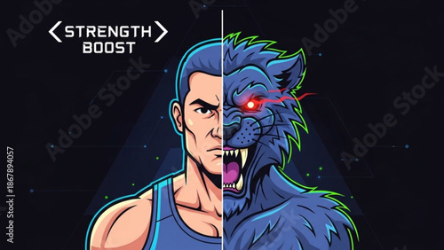 Pixel art illustration of a muscular man transforming into a blue wolf with glowing red eye strength boost with transformation with comic