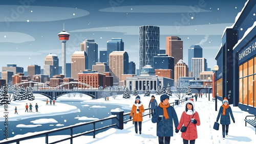 Winter scene of people walking along a snowy riverbank with a city skyline in the background featuring a prominent tower and bridge with ice