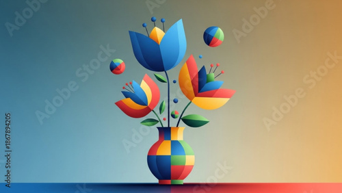 Vibrant colorful geometric flowers in a matching vase on a gradient background with floating spheres around them creating a playful