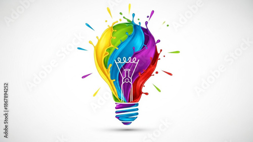 Vibrant colorful light bulb with paint splashes representing creative ideas and innovation on a white background with inspiration with art