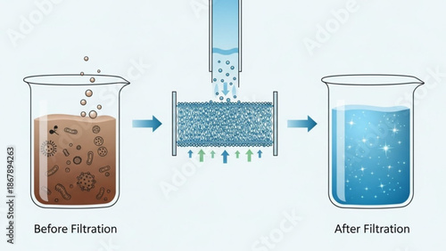 Water filtration process illustrated with before and after comparison in laboratory beakers showing purification steps with cleaning