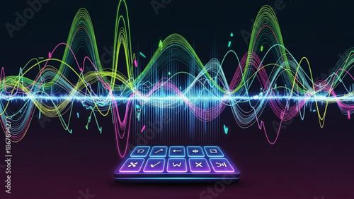Vibrant sound wave pattern emanating from a calculator keyboard with colorful glowing lines on a dark background with digital data with neon