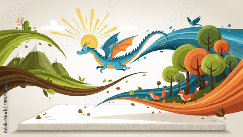 A blue and orange dragon flying over a scenic landscape with trees and mountains under a sunny sky with a bird with fantasy with mythical