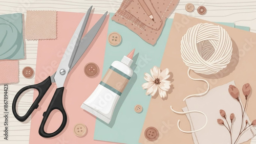 Pastel colored crafting table with scissors glue thread and buttons for sewing and diy projects on wooden background with arts with handmade