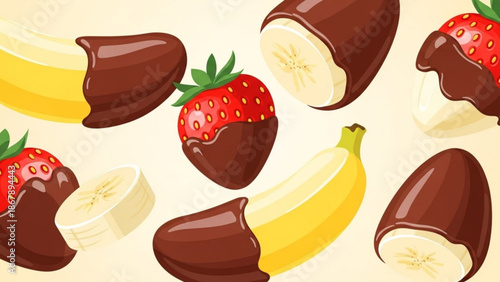 Chocolate dipped strawberries and bananas floating on cream background sweet treat illustration with strawberry and dessert and fruit