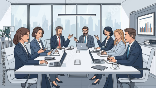 Diverse group of professionals collaborating in a modern boardroom meeting.