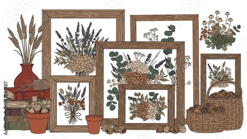 Vintage style illustrations of framed botanical art with flowers and plants on a white background with baskets and books with floral