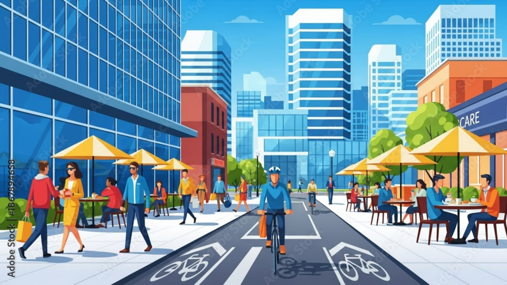 Fototapeta premium City street with people walking and cycling modern buildings and cafe in background on sunny day with blue sky with urban landscape