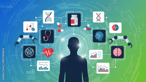 A person with a glowing head surrounded by medical and technological icons on a blue and green gradient background with healthcare with AI